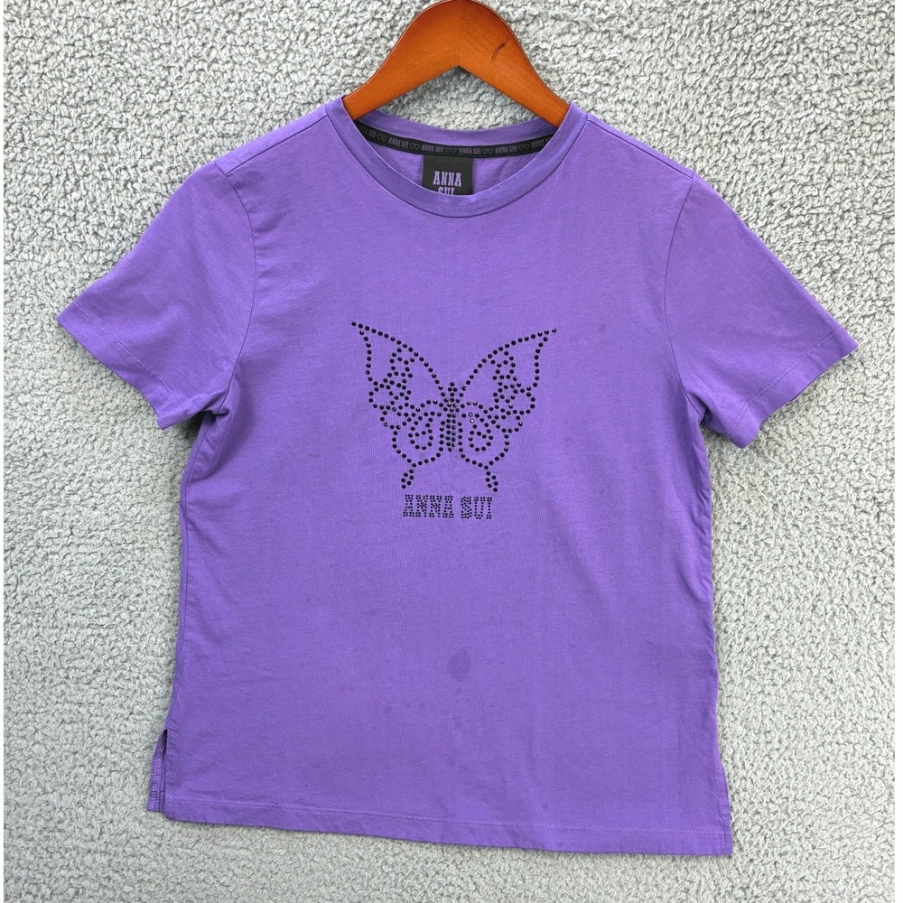 Anna Sui Rhinestone Butterfly Graphic T Shirt Womens M Purple Y2K Crewneck Tee